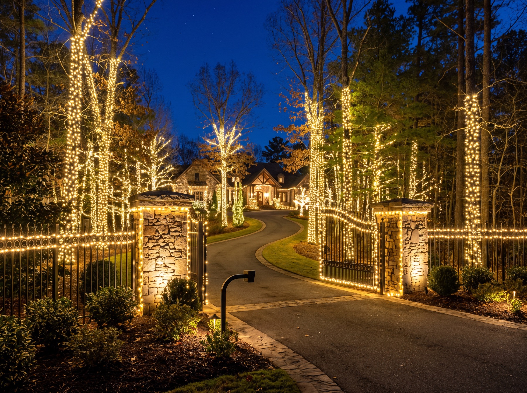 Design visualization of illuminated trees, driveway, and fencing