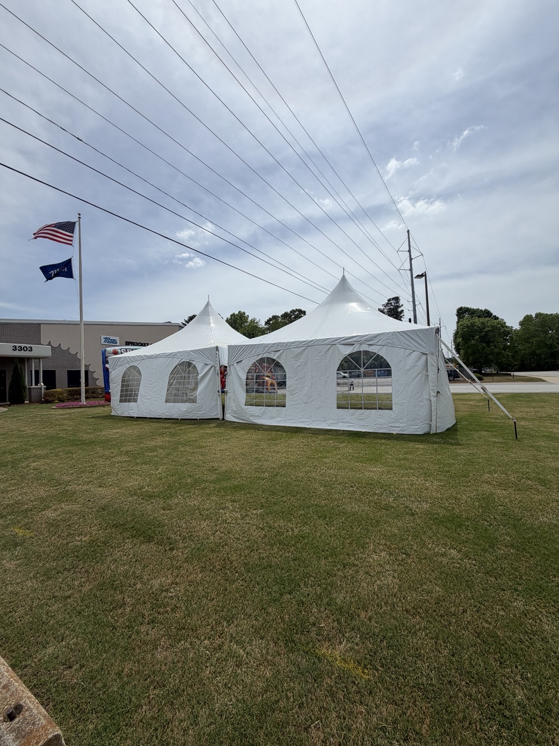 Connected high-peak tents for a corporate employee event