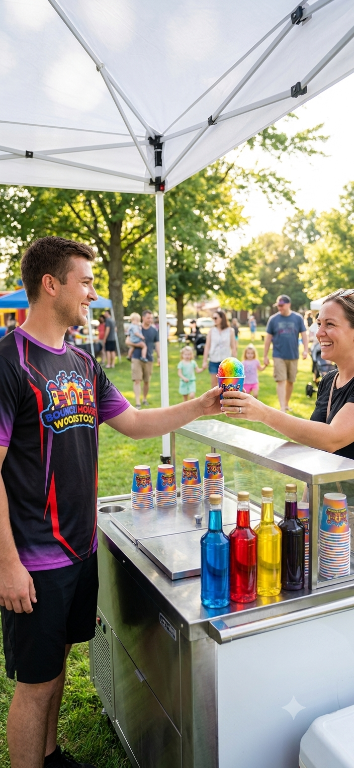 Bounce House Woodstock team member handing a snow cone to a customer at an event