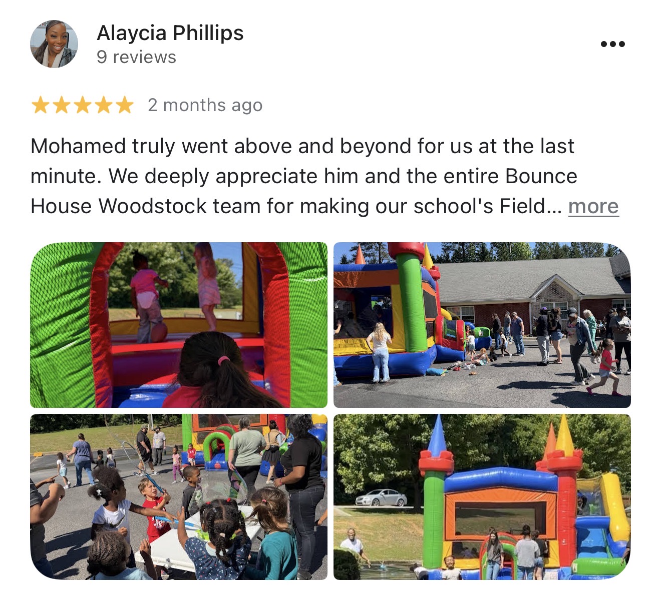 Customer review for a school Field Day supported by Bounce House Woodstock