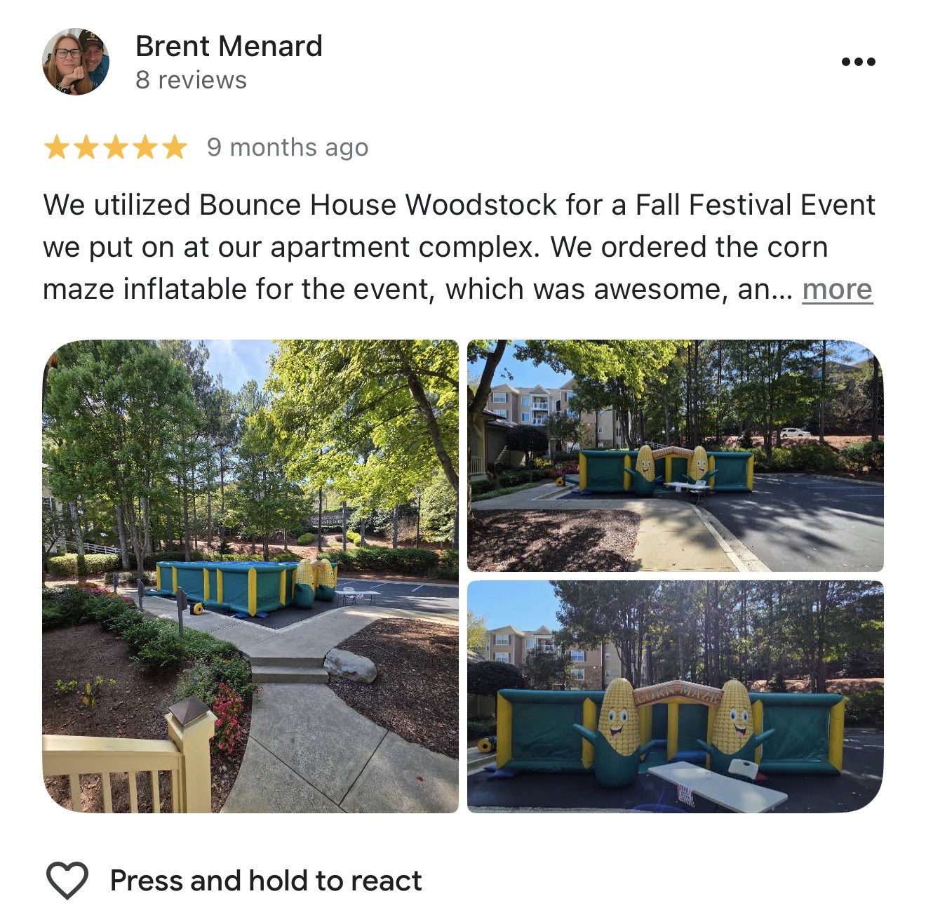 Customer review and photos from an apartment community inflatable corn maze event