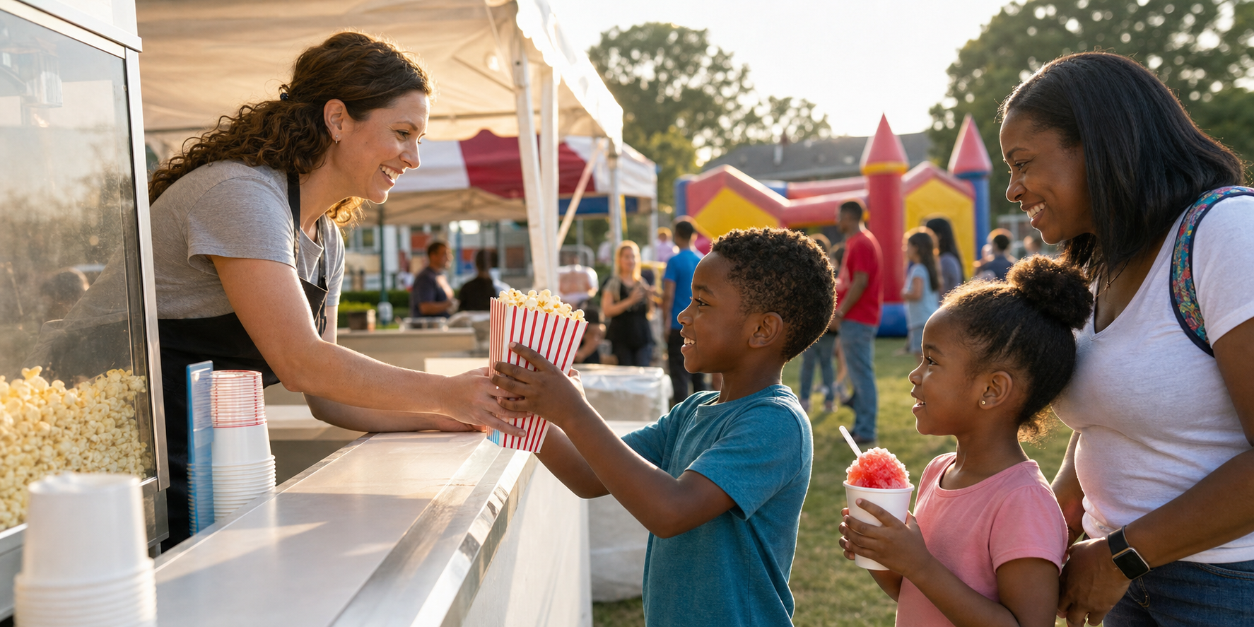 Popcorn and snow cone service at a family community event