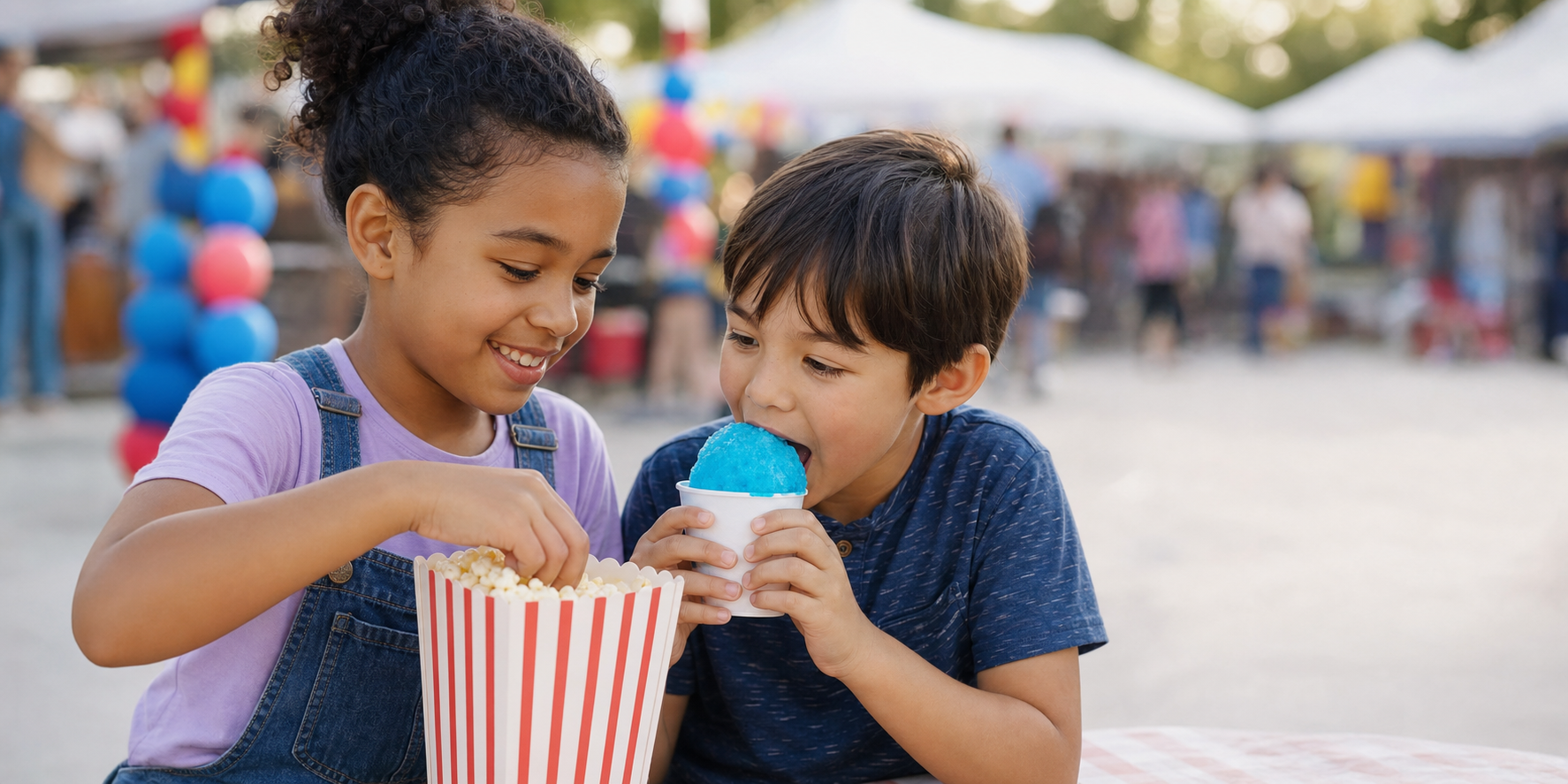 Children sharing snow cones and popcorn at a family festival