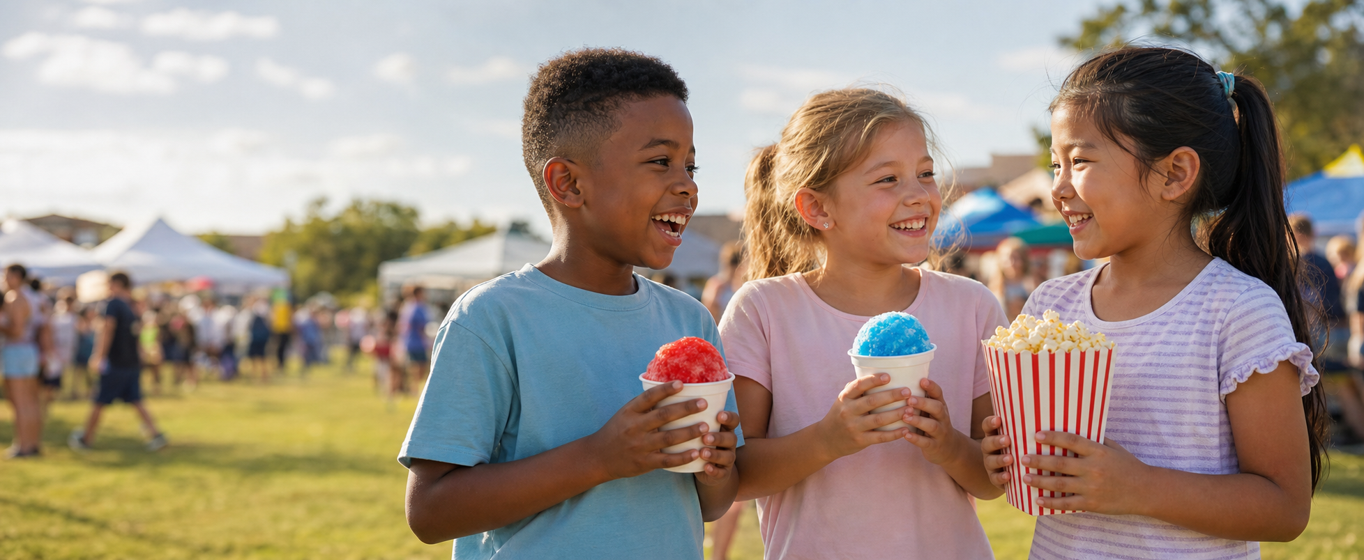 Children enjoying colorful snow cones and fresh popcorn at an outdoor carnival