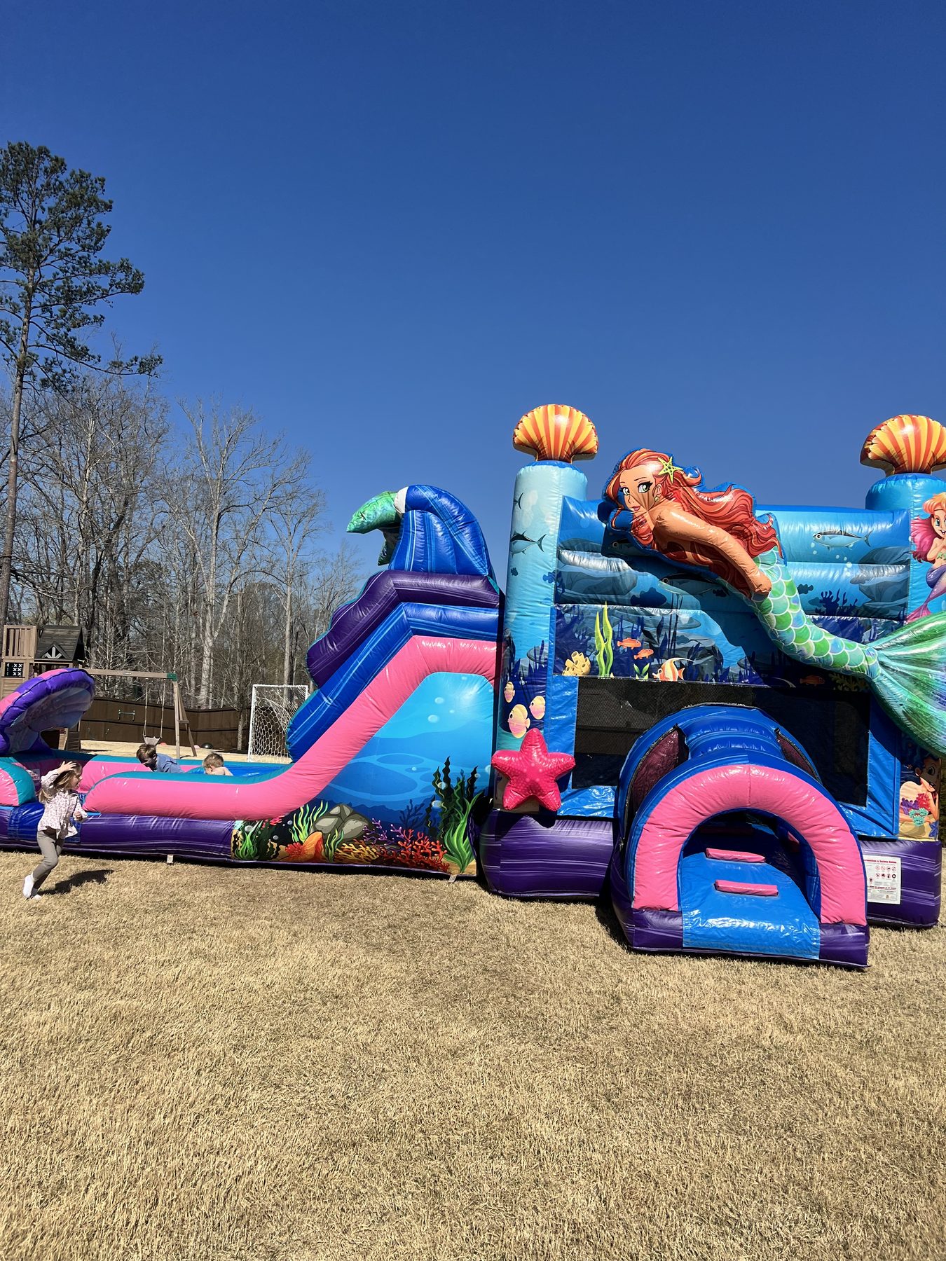 Mermaid bounce and slide combo installed for a backyard party