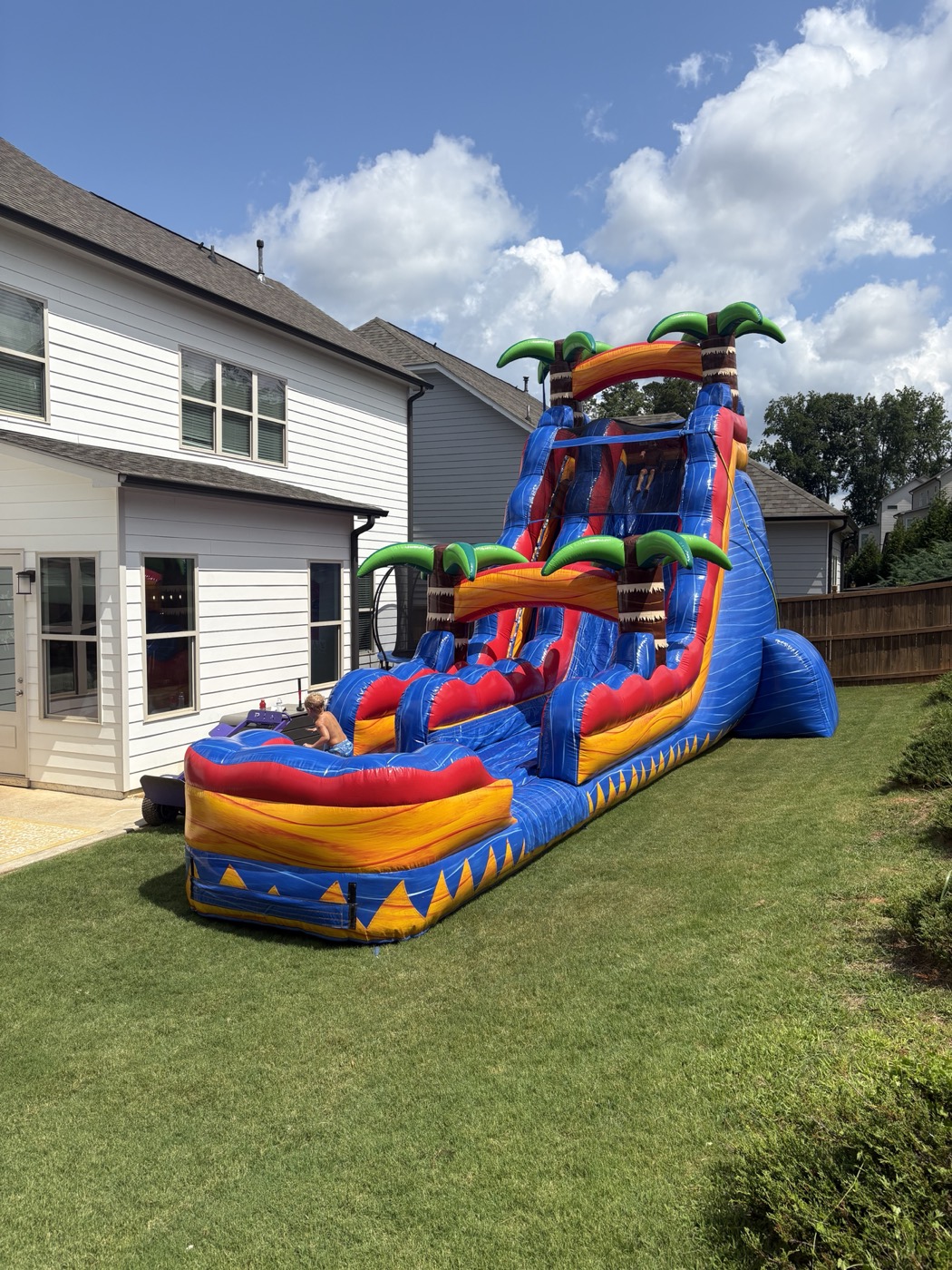Smaller dual-lane tropical water slide installed in a backyard