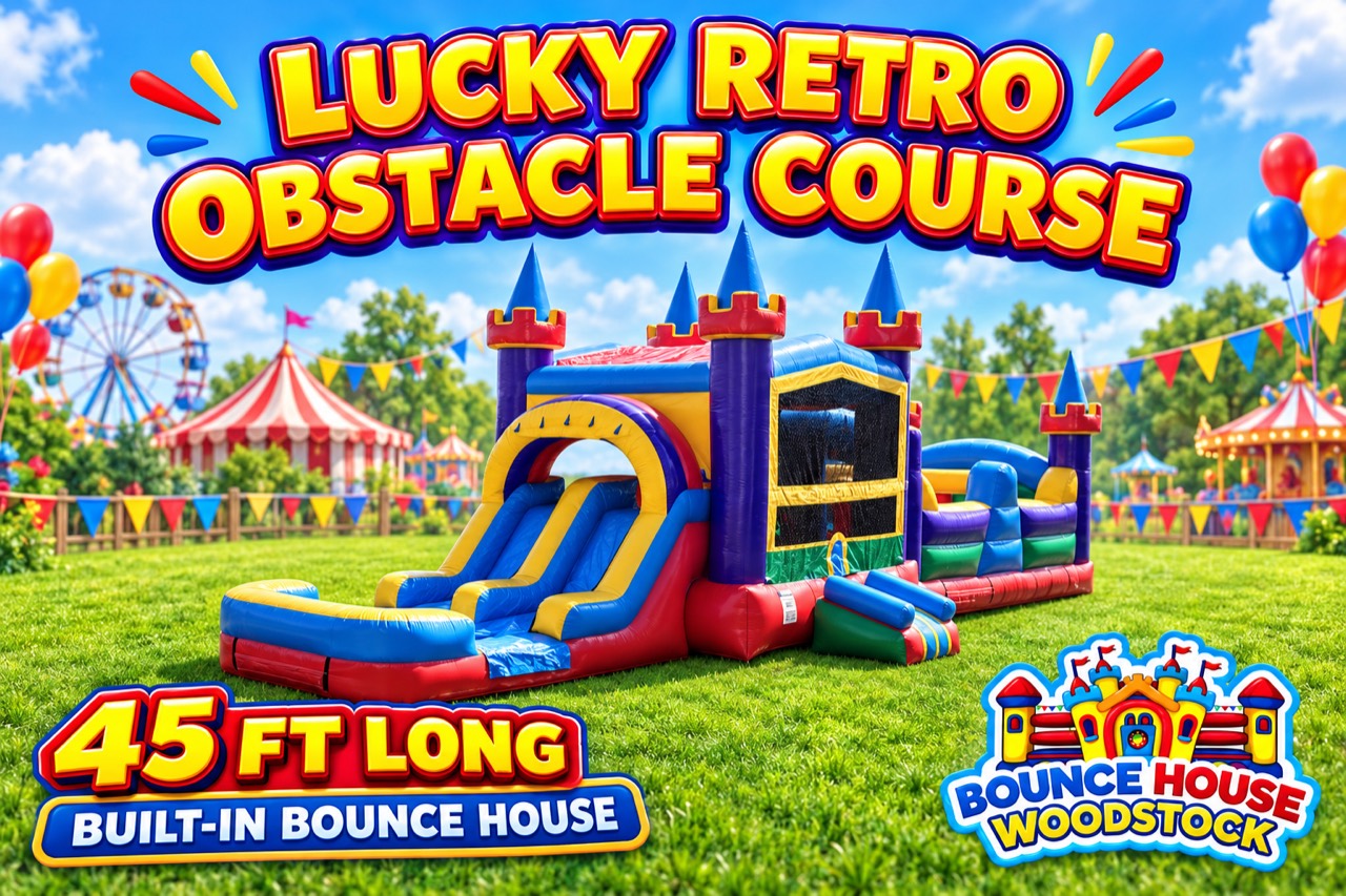 Lucky Retro Obstacle Course thumbnail with Bounce House Woodstock branding