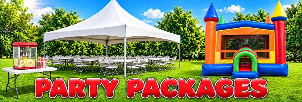 Party packages with a high peak tent, tables, white fan-back chairs and Rainbow Castle bounce house in Woodstock