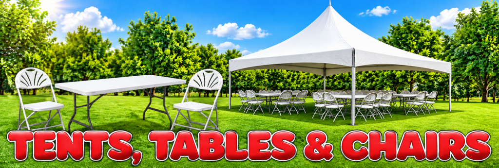 High peak tent, white tables and fan-back chairs for rent in Woodstock, GA